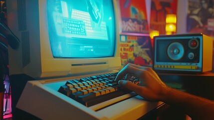 A close-up of a hand typing on an old-fashioned computer keyboard, with a glowing retro screen displaying text, set in a nostalgic room filled with colorful posters and vintage electronics