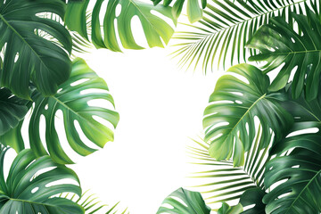 Lush green monstera leaves and palm fronds create a vibrant frame