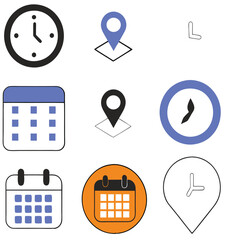 Black and White Flat Icon Set – Calendar, Clock, GPS Pin, Smartwatch, Wi-Fi Signal, Star Favorite, Alarm and Navigation Symbols for App UI and Web Design.