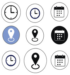 Black and White Flat Icon Set – Calendar, Clock, GPS Pin, Smartwatch, Wi-Fi Signal, Star Favorite, Alarm and Navigation Symbols for App UI and Web Design.