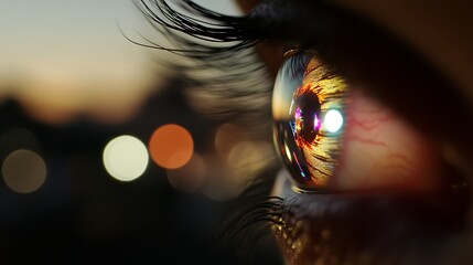 Close-up view of a human eye reflecting colorful lights against a blurred urban background during twilight, showcasing details of the iris and eyelashes with vibrant hues
