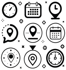Black and White Flat Icon Set &ndash; Calendar, Clock, GPS Pin, Smartwatch, Wi-Fi Signal, Star Favorite, Alarm and Navigation Symbols for App UI and Web Design.
