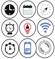 Black and White Flat Icon Set – Calendar, Clock, GPS Pin, Smartwatch, Wi-Fi Signal, Star Favorite, Alarm and Navigation Symbols for App UI and Web Design.