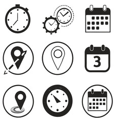 Black and White Flat Icon Set &ndash; Calendar, Clock, GPS Pin, Smartwatch, Wi-Fi Signal, Star Favorite, Alarm and Navigation Symbols for App UI and Web Design.