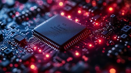 Close-up view of a microchip surrounded by glowing red lights, showcasing intricate circuit designs and technological components, reflecting innovation and modern computing