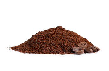 Pile of coffee powder and beans on white background