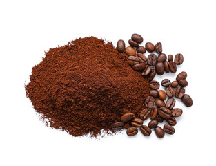 Pile of coffee powder and beans on white background