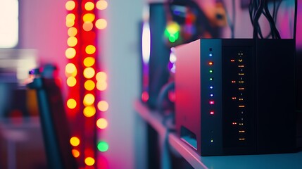 A close-up view of a modern network device illuminated by colorful LED lights against a blurred background of festive lights, evoking a tech-savvy atmosphere