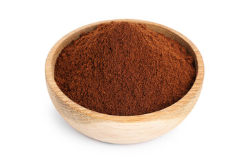 Wooden bowl with coffee powder on white background