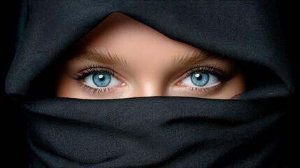 Intense gaze of a woman with striking blue eyes partially covered by a black scarf