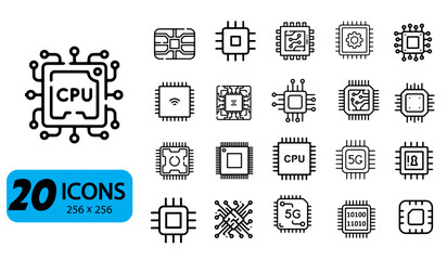 Set of 20 CPU and Microchip Icons, Outline Style, 256x256 Pixels