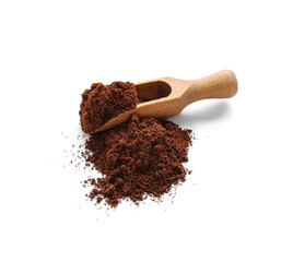 Wooden scoop with coffee powder on white background