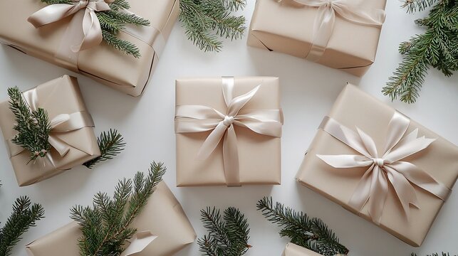 Flat lay of wrapped Christmas presents a white background stylish kraft paper satin ribbons and delicate sprigs of pine for a cozy aesthetic