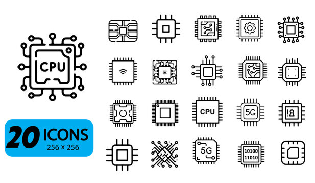 Set of 20 CPU and Microchip Icons, Outline Style, 256x256 Pixels
