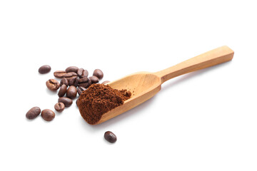Wooden scoop with coffee powder and beans on white background