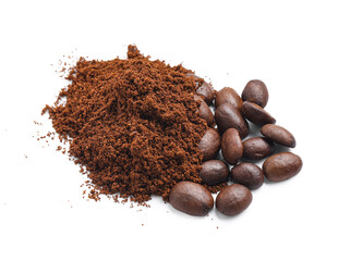 Pile of coffee powder and beans on white background