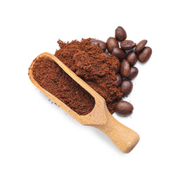 Wooden scoop with coffee powder and beans on white background