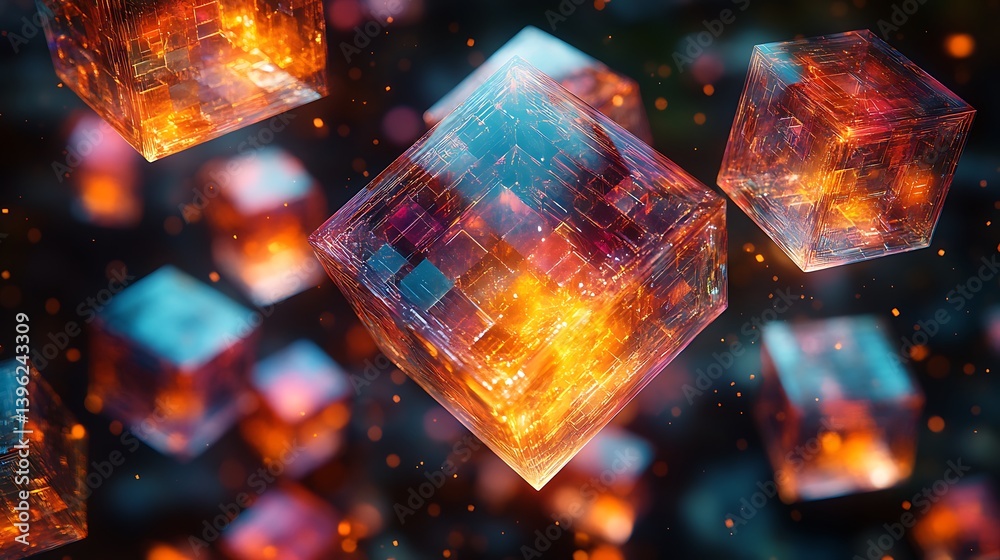 Wall mural an intricate matrix of floating, luminous cubes, each refracting surreal colors and patterns, formin
