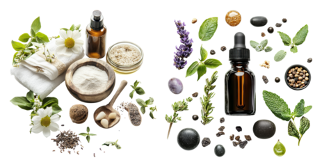 Natural Ingredients for Wellness and Beauty with Essential Oils, PNG bundle collection, Isolated on Transparent Background
