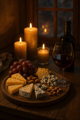 cheese board with wine nuts grapes and candles