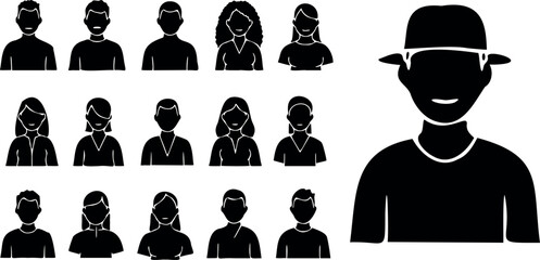 Black user people silhouette icons on white background. Minimalist avatar set for profiles, teams, social media, UI design, and presentations. Flat human figures in various simple poses and styles.
