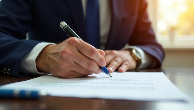 Close-up hands signing contract, signifying new venture , desk, success
