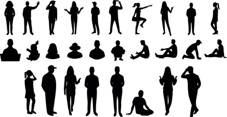 Black user people silhouette icons on white background. Minimalist avatar set for profiles, teams, social media, UI design, and presentations. Flat human figures in various simple poses and styles.