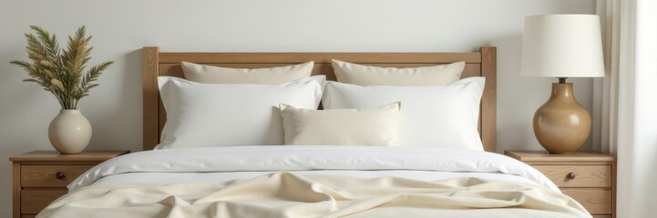Cream pillows on bed, white walls, country style, bed, country bedroom, home