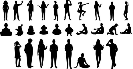 Black user people silhouette icons on white background. Minimalist avatar set for profiles, teams, social media, UI design, and presentations. Flat human figures in various simple poses and styles.