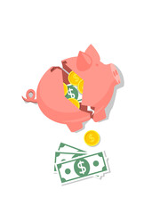 Broken piggy bank money safe with coins concept Isometric stock illustration