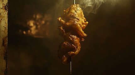 A close-up view of marinated meat skewered and ready for grilling in a smoky, dimly lit environment, showcasing the savory texture and color of the dish