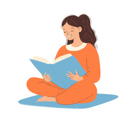 A girl is depicted sitting on a mat while reading a book in a flat modern art style
