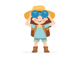 A girl with binoculars is depicted exploring the natural world in a modern flat art style