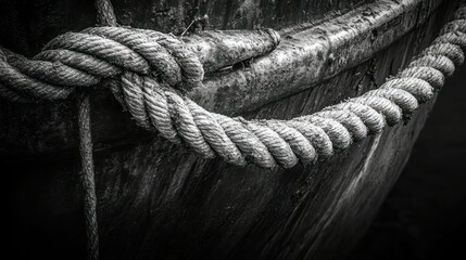 Close-up of weathered rope tied to a vintage boat.  Detailed knot and aged hull