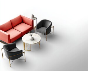 Sleek and minimal white background layout featuring aerially drawn minimalist furniture including a pale coral sofa, charcoal-gray armchairs, and a golden brass-accented table on the right side