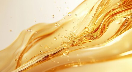 Fototapeta premium A 3D rendering of a golden oil or honey wave, featuring droplets and bubbles, captured in motion against a white background, showcasing an abstract splash effect.