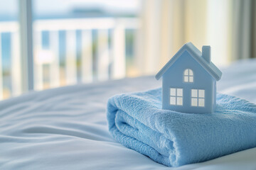 Pastel blue house model on folded towel with ocean view through window for vacation rental or coastal hospitality concept