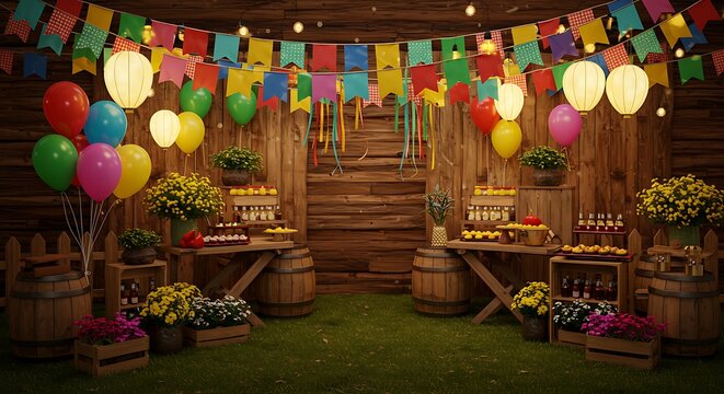Bandeirinhas coloridas com bal&otilde;es e fundo r&uacute;stico de madeira