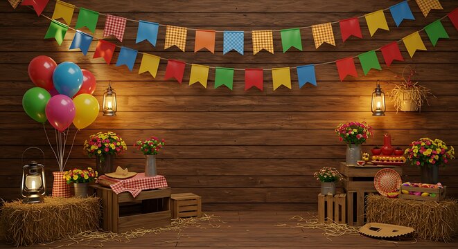 Bandeirinhas coloridas com bal&otilde;es e fundo r&uacute;stico de madeira