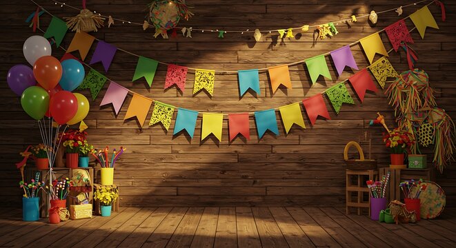 Bandeirinhas coloridas com bal&otilde;es e fundo r&uacute;stico de madeira