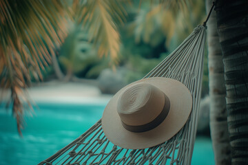 Straw hat on hammock under palm trees by turquoise beach for retirement lifestyle and passive income travel investment concept