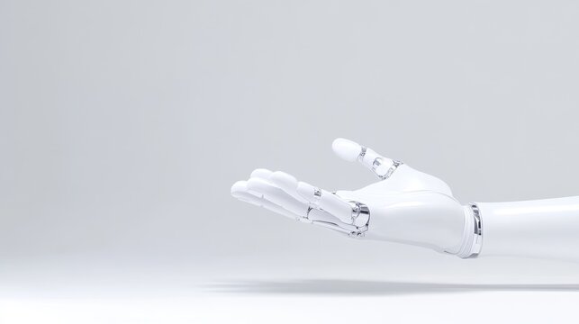 Robotic hand offering.  A white robotic hand extends outward, palm up, in a gesture of offering or presentation