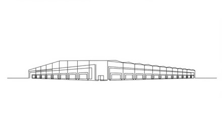 Minimalist single line art depiction of a storage warehouse complex on white