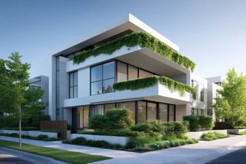 Modern white building with large windows and greenery on multiple levels under a clear blue sky day