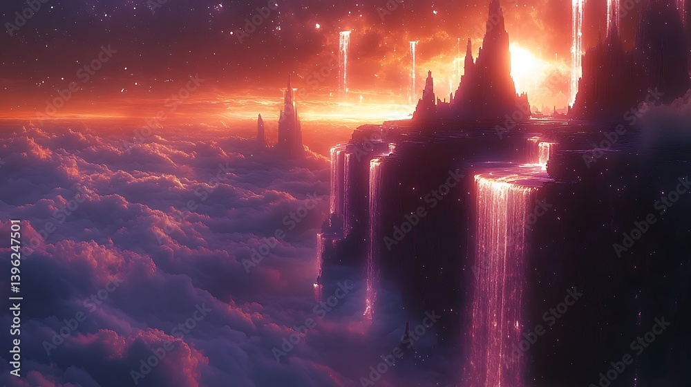 Wall mural cascading waterfalls of pure light, seamlessly flowing from floating celestial structures, radiating