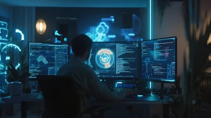 A person analyzing data on multiple screens in a dimly lit room with blue neon lighting and glowing graphics, surrounded by plants