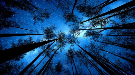 Starry night sky viewed through tall trees in a serene forest
