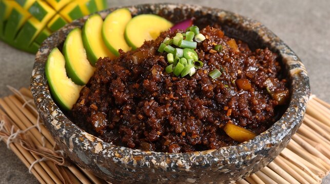 Tropical Filipino bagoong dip a rustic bowl rich and umami packed served with green mango slices