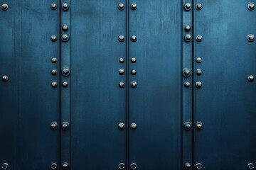 A close up of a blue metallic surface with rivets arranged in vertical rows across the structure