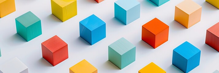 Obraz premium Colorful wooden blocks or cubes arranged neatly in a grid pattern on a white background. Concept of order, diversity, building blocks, or childhood learning. 